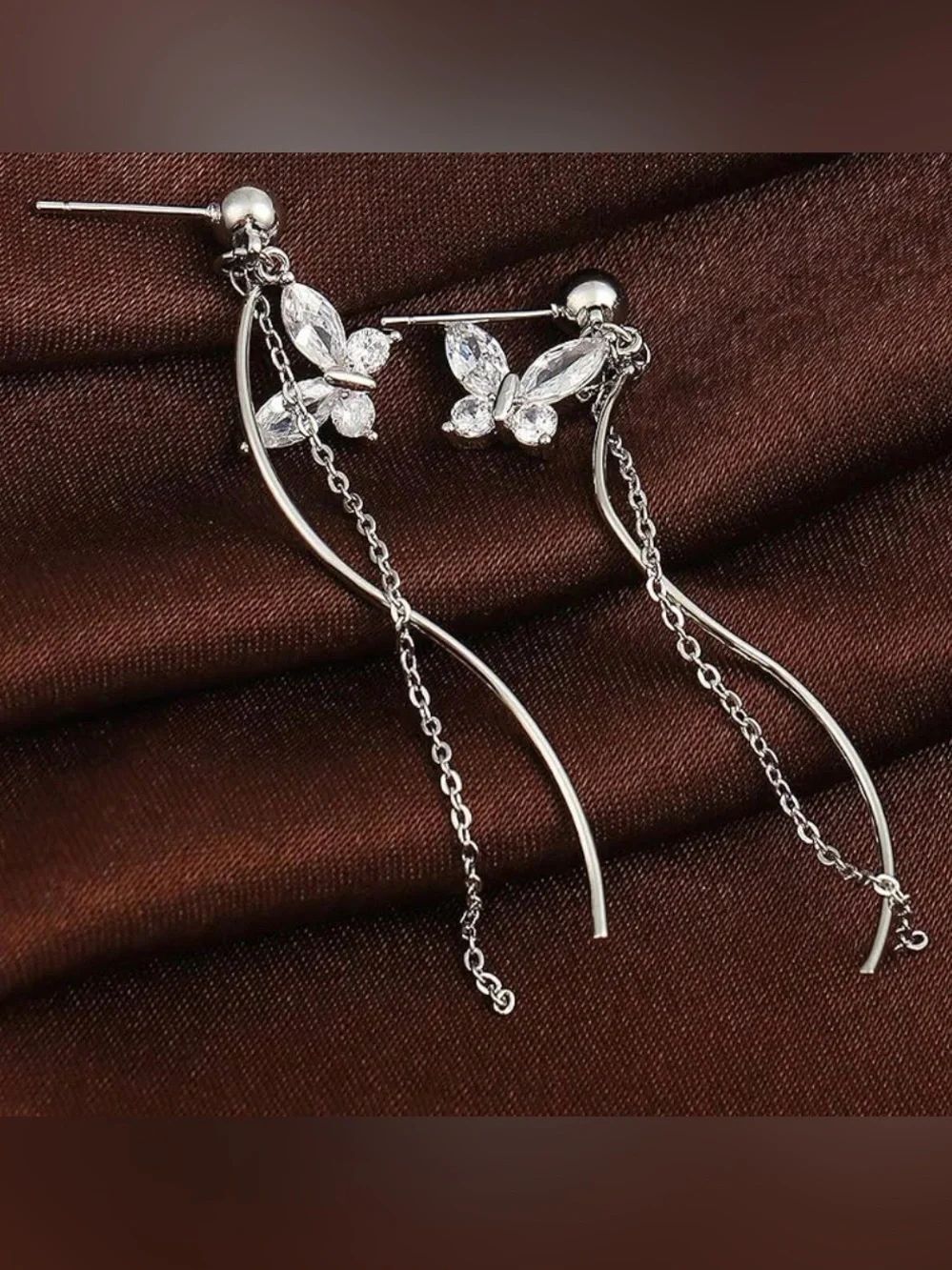 Fashion Jewelry 925?Silver Cubic Zirconia Butterfly 2 Inch Chain Drop Earrings